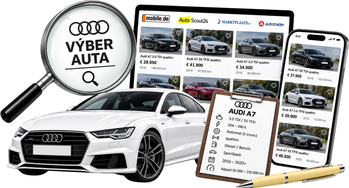 Inzeráty áut na mobile aj na počítači, lupa nad logom značky a zoznam požiadaviek na konkrétny model